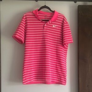 Nike Pink and White Striped Polo Shirt
